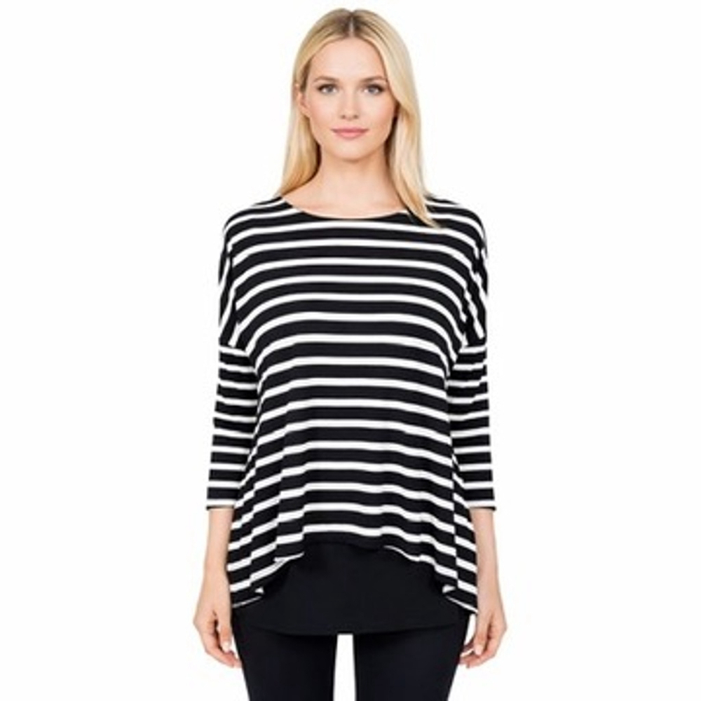 Joseph Ribkoff Black White Striped Tiered Tunic Top Boat neck Stretch Size 8